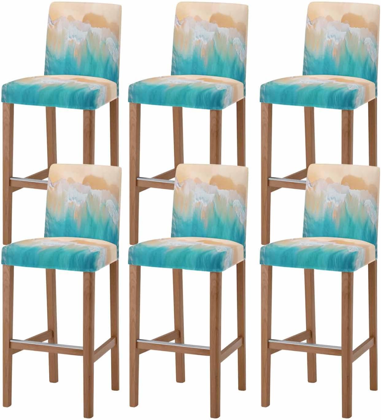 Bar Chair Stool Covers Set of 6, Orange Aqua Coastal Stretch Washable Removable Bar High Chair Cover, Summer Beach Seaside Nautical Elastic Bar Chair Protector for Kitchen/Restaurant