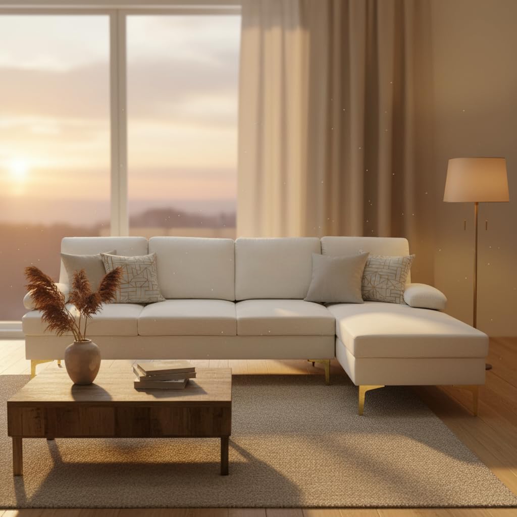 L-Shaped Sectional Sofa with Golden Legs, 99 Inch Couch with Right Facing Chaise, Modern Upholstered Living Room Furniture, Off-White