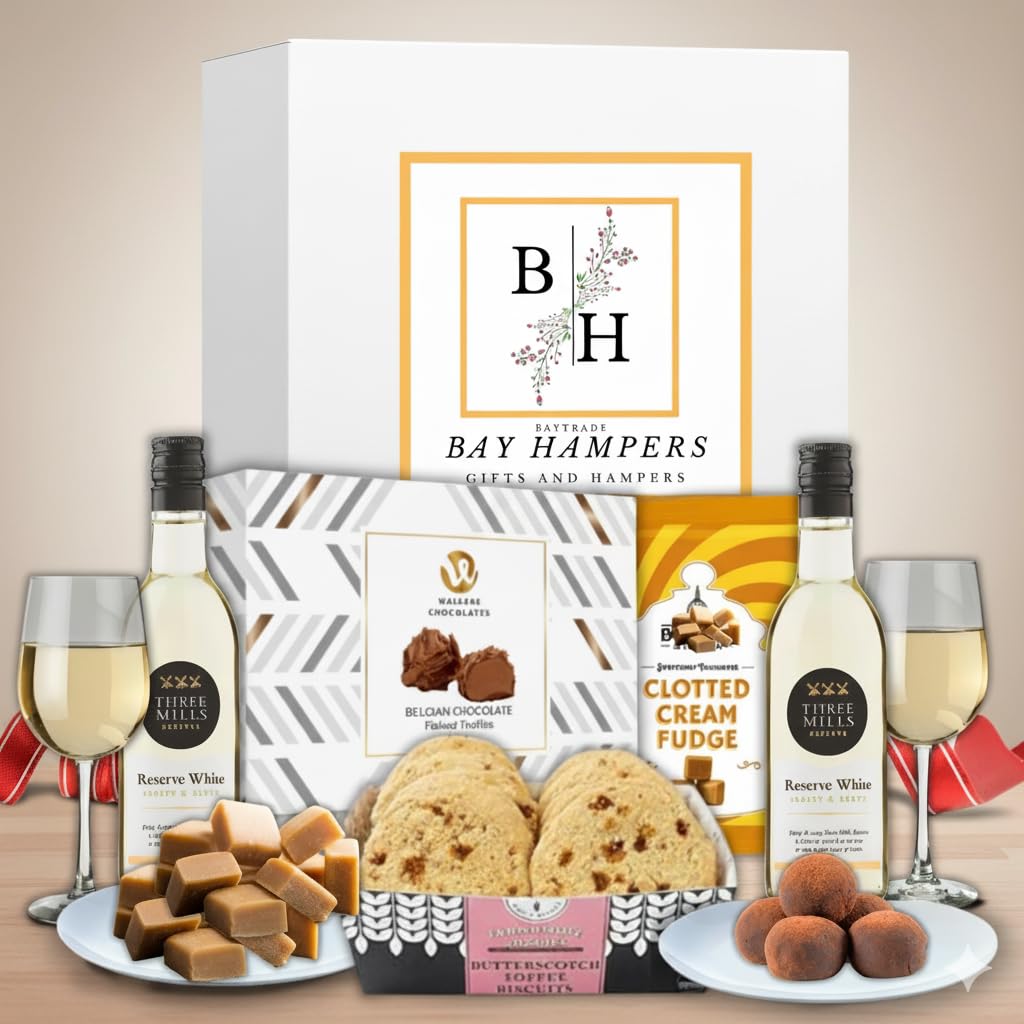 White Wine and Chocolate Gift Set - 2x 18.7ml Wine gifts - Border Biscuits - Chocolate truffles - Fudge Gift Set- Birthday Hampers for Women - Valentines Day - Mothers Day Chocolates Gifts Fathers