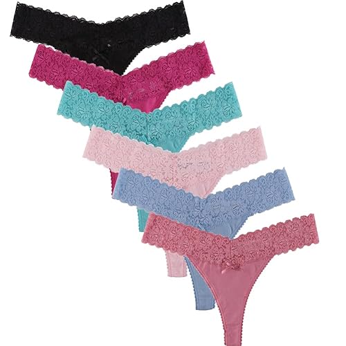 UWOCEKA Women Thongs Cotton, 6 Pack Variety Thong Lace Trim Undies Panties Tanga - Medium - 6pcs-c