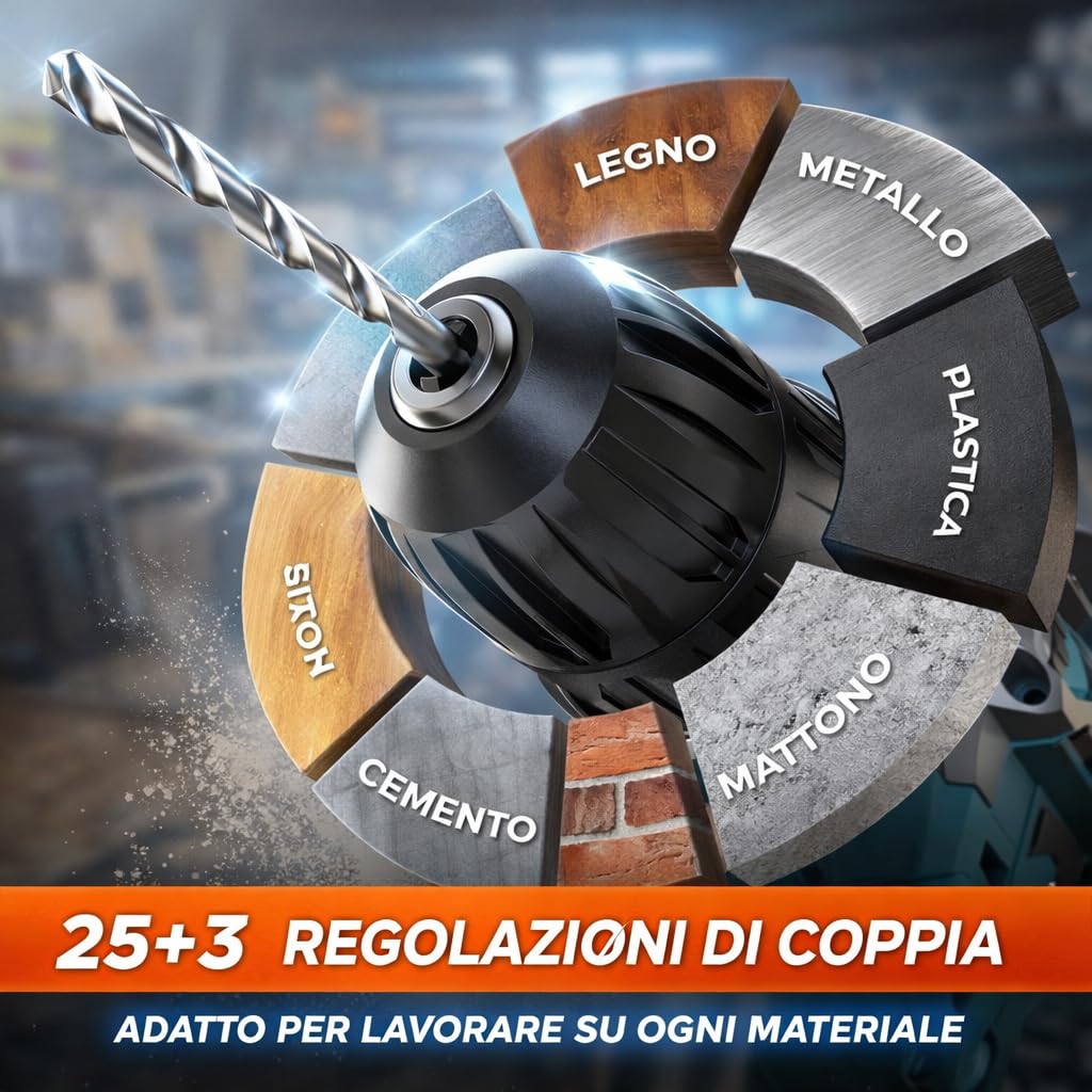 Trapano Avvitatore a Batteria 48V MAX Professionale, 2 Velocità 0-2350 RPM, 25+3 Coppie, Mandrino Autoserrante, Luce LED, Kit Completo con Valigetta e Accessori