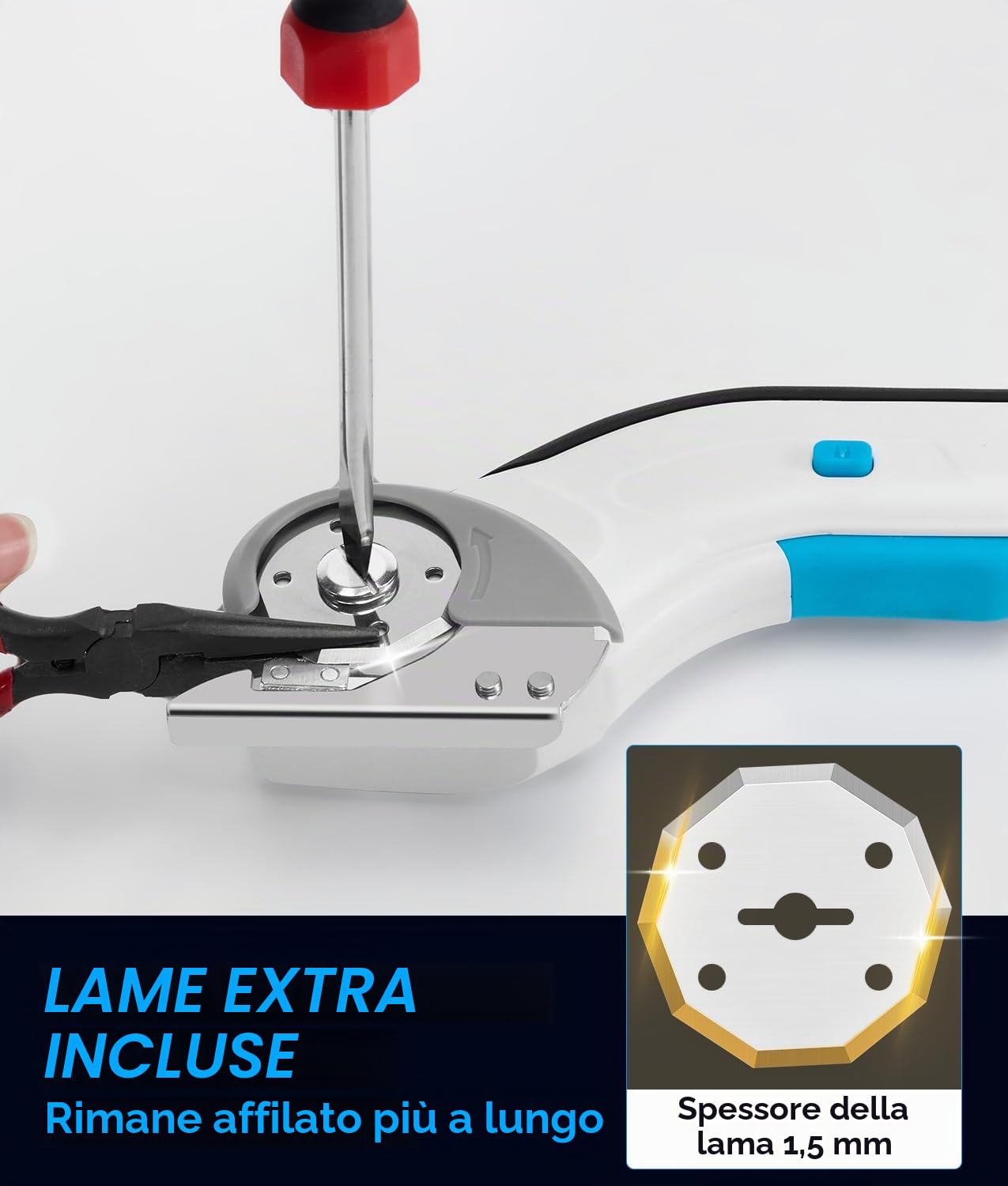 PAHTTO Forbici elettriche Taglierina per cartone 4V, 320 giri/min, taglierina rotante senza fili Taglierina universale Batteria con 2 lame autoaffilanti, per cartone, moquette, pelle, tessuto, PVC