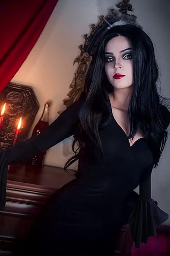 Miniatura 4 de JEGERMIG Morticia Addams - Vestido largo hasta el suelo, disfraz de Halloween para juego de rol, disfraz de familia Adams