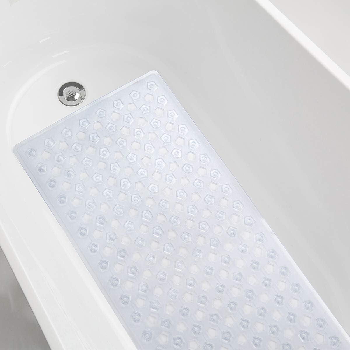 AmazerBath Bath Tub Mat, Non-Slip Shower Mats with Larger Pentagonal Drain Holes, Quick Drying, Machine Washable, 35 x 16 Inches (Clear)
