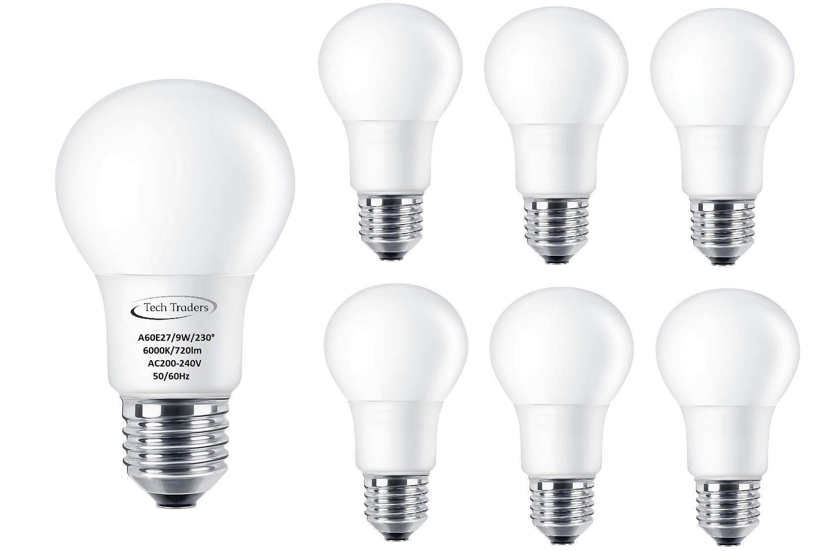 Tech Traders ® LED E27 Screw Light Bulbs 90W Equivalent, A60, Cool White(6000K), 9W LED ES GLS Bulb, Ultra Bright 720Lm, LED Light Bulb, Energy Saving Light Bulbs -Pack of 6, Cool White 9W(6000K)