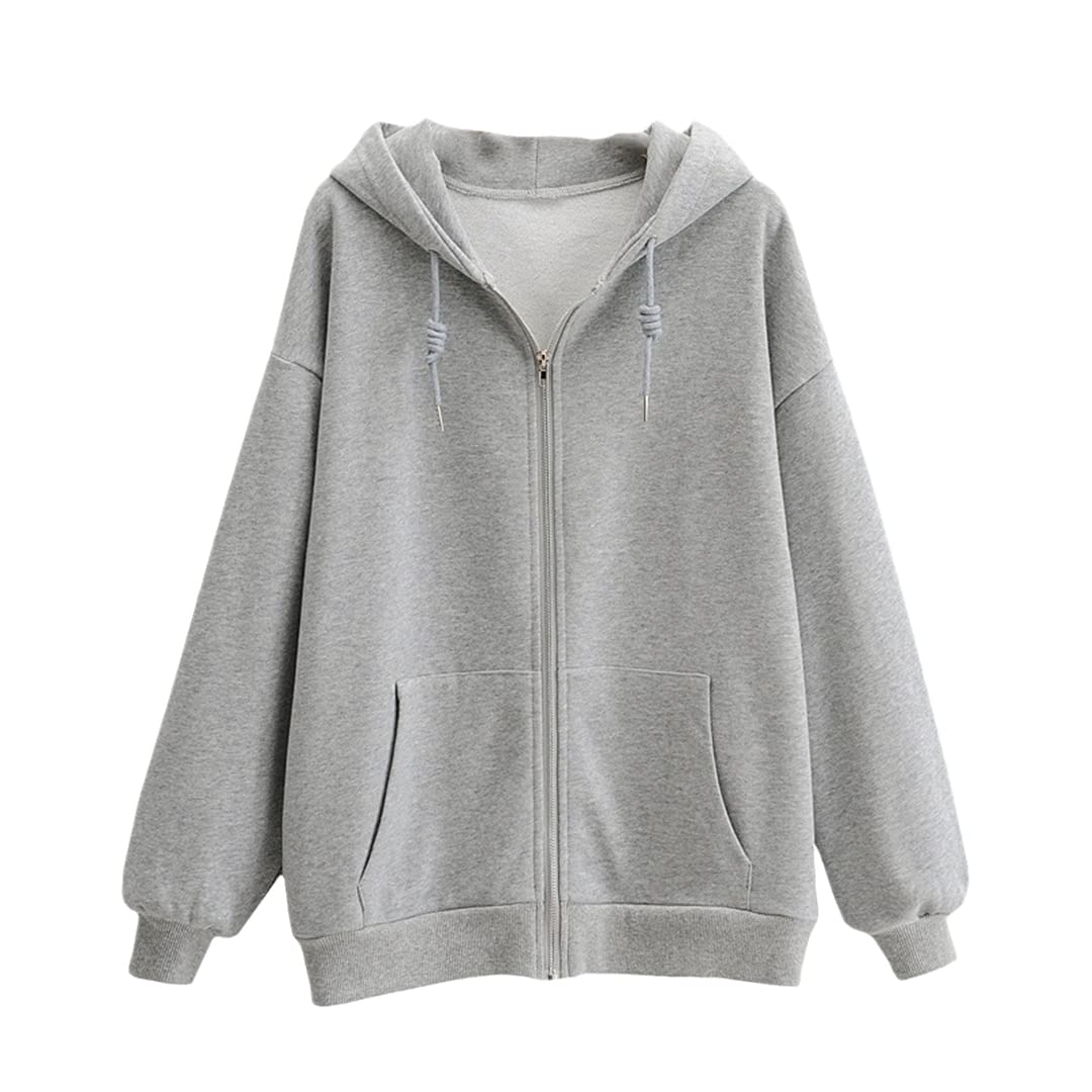 Damska zapinana na zamek oversize bluza z kapturem solidna dzianinowa codzienna odzież wierzchnia bluzy bluza z kapturem szara M