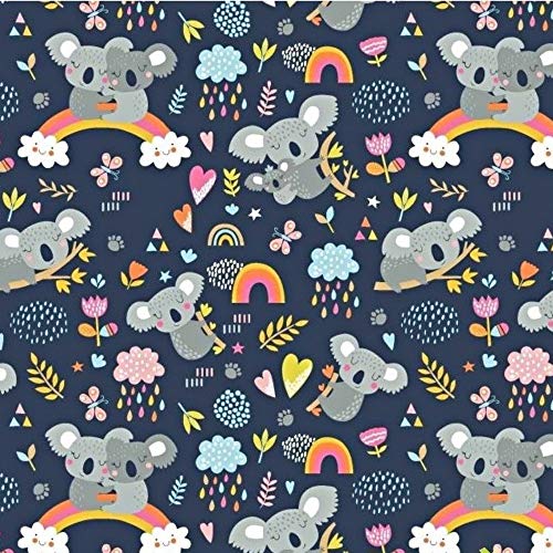 Pingianer Tela de algodón para niños, 100 x 160 cm, 100 % algodón, venta por metros, para artesanías y costura, diseño de conejo, luna, corazón blanco, koala arcoíris azul oscuro, 100 x 160 cm