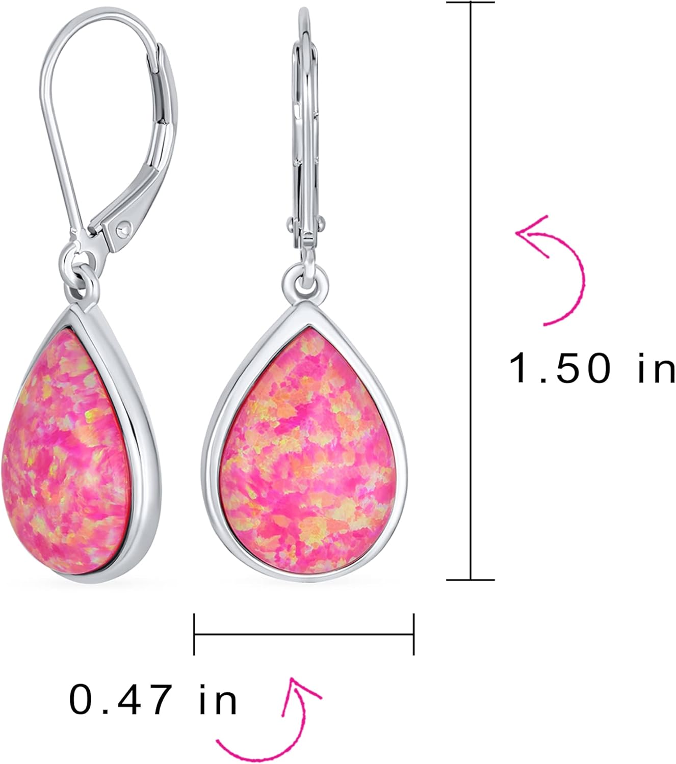 Gemstone Pink Created Opal Pear Shaped Simple Teardrop Dangle Earrings For Women Teen .925 Sterling Silver Lever back