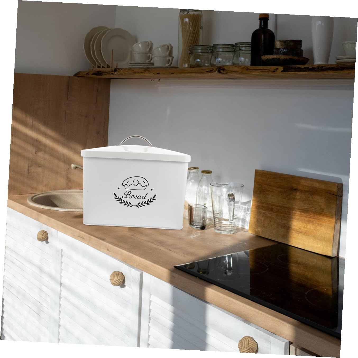 Mikinona Metal Bread Box and Kitchen Rice Holder, Rectangular Iron Bread Storage Box with Lid, Vintage Style Grain Storage Container for Countertop Organization