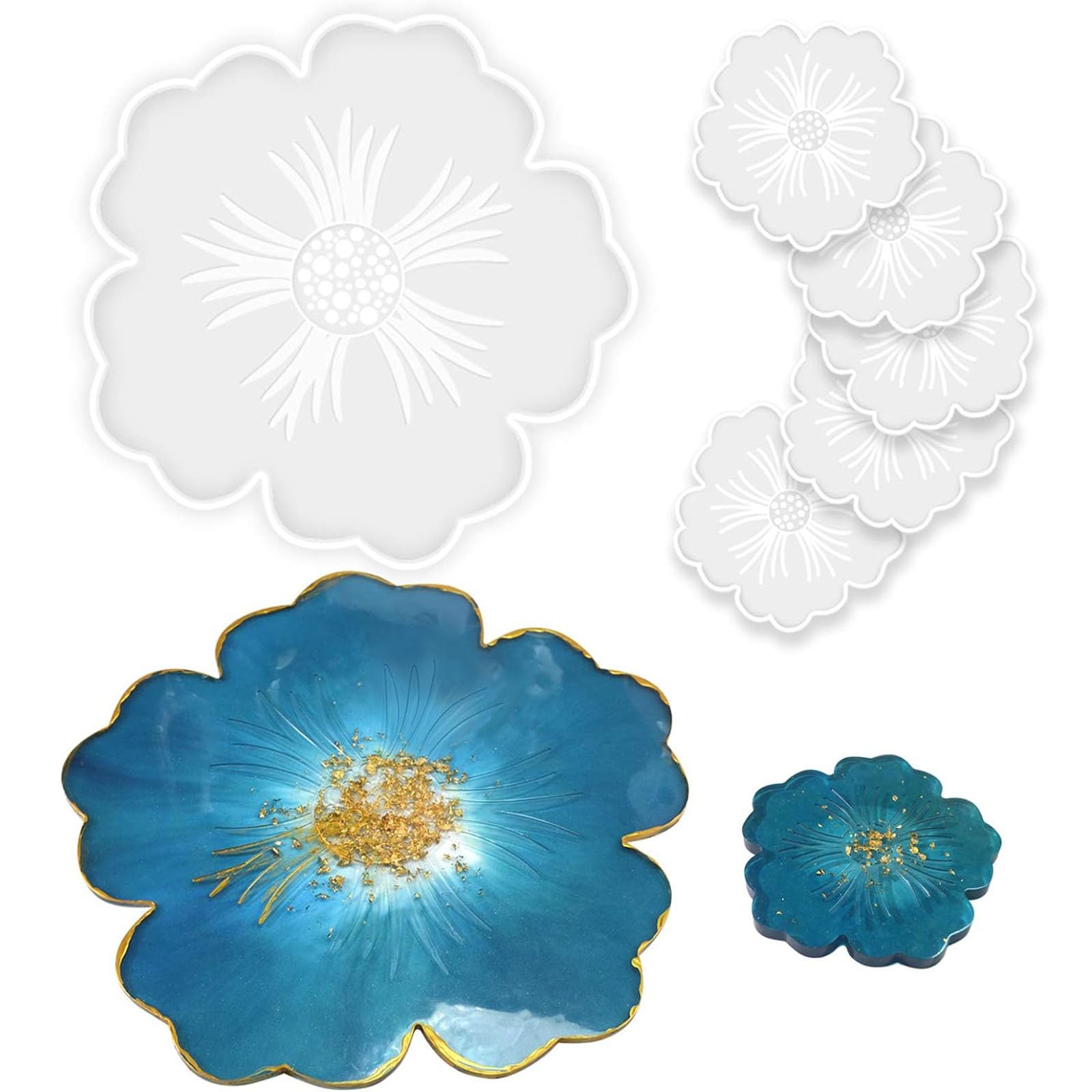 Tazweeq Silicone Resin Mold, 1PCS Large Resin Tray Mold and 5PCS Resin Casting Coaster Mold, DIY Flower Epoxy Casting Mold, Flower Tea Tray Mold
