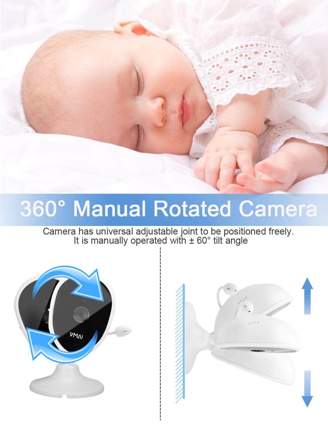 Diagram showing the 360-degree manual rotation and tilt angle of the VMAI baby camera.