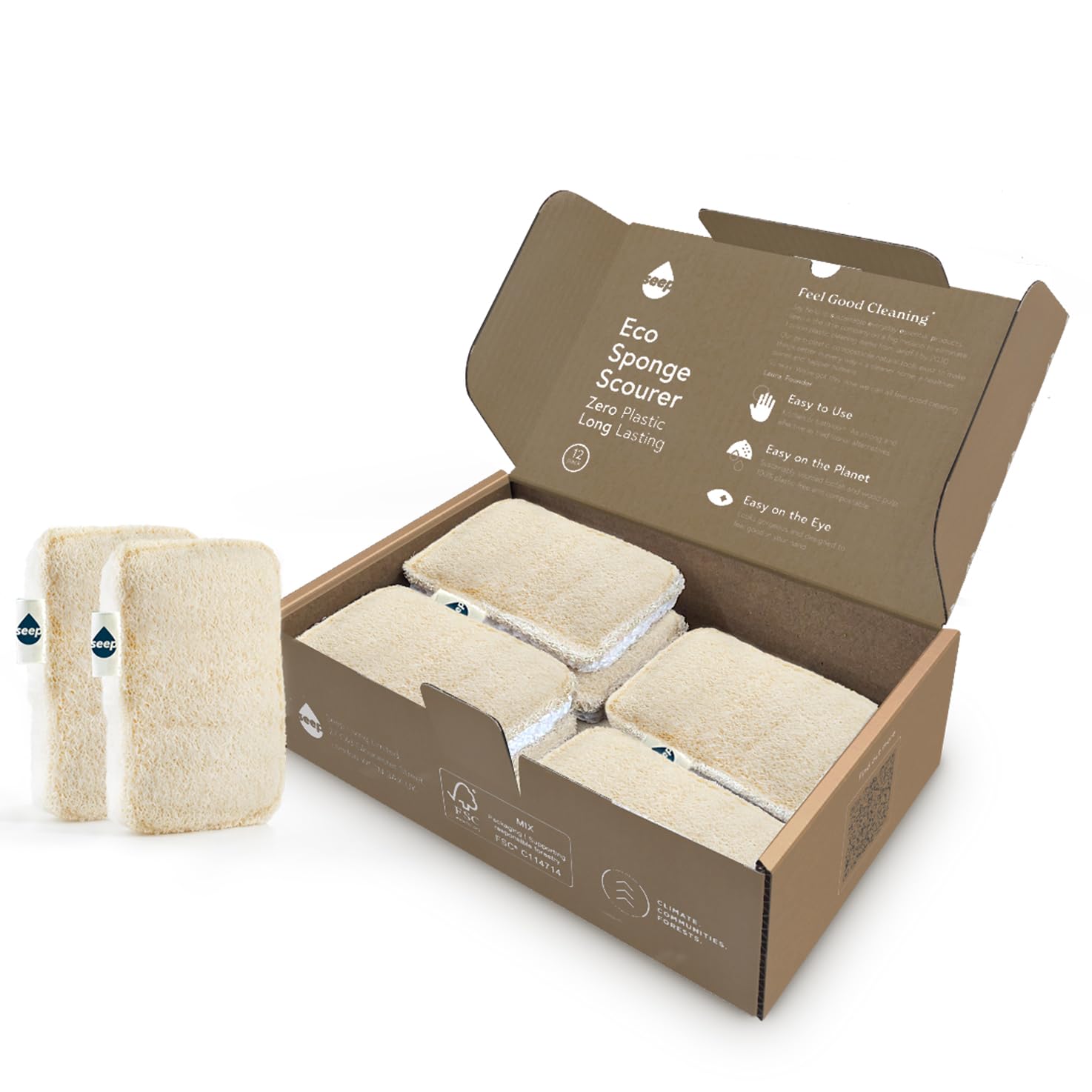 Seep Eco Sponges Washing Up - 12 Pack Multipack Compostable Kitchen Sponge - Cleaning Sponges Made Using Loofah - Sponge Scourer