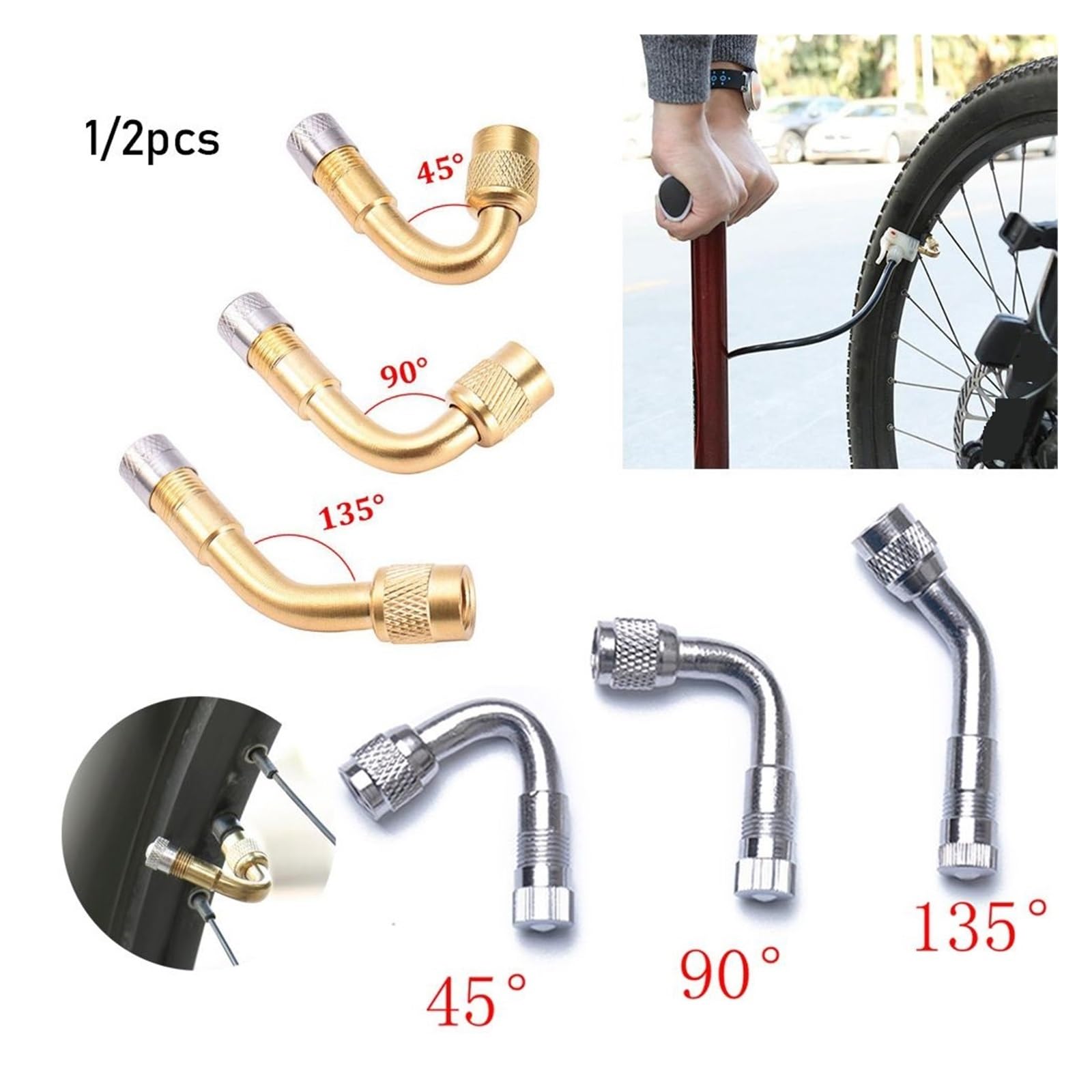Ventilverlängerung 1 Stück 45/90/135 Grad Messing-Reifenventil-Verlängerungsadapter mit Winkel for Autos, LKWs, Motorräder und Fahrräder(Gold 1pc-45)