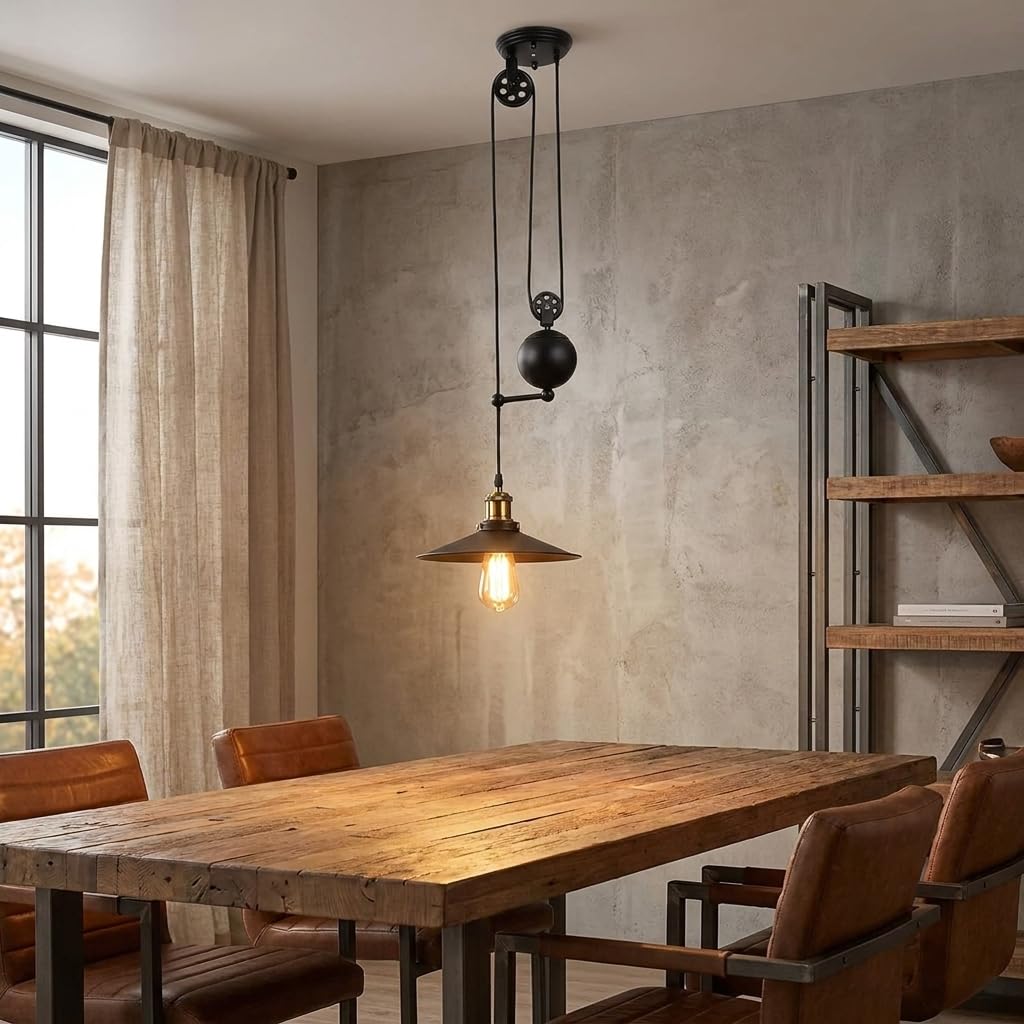BARCELONA LED Industrielle Pendelleuchte CLOCK WORK mit Seilzug, Höhenverstellbare Vintage Hängelampe E27 bis 40W, Schwarze Metall Deckenlampe im Retro Stil für Esszimmer, Küche