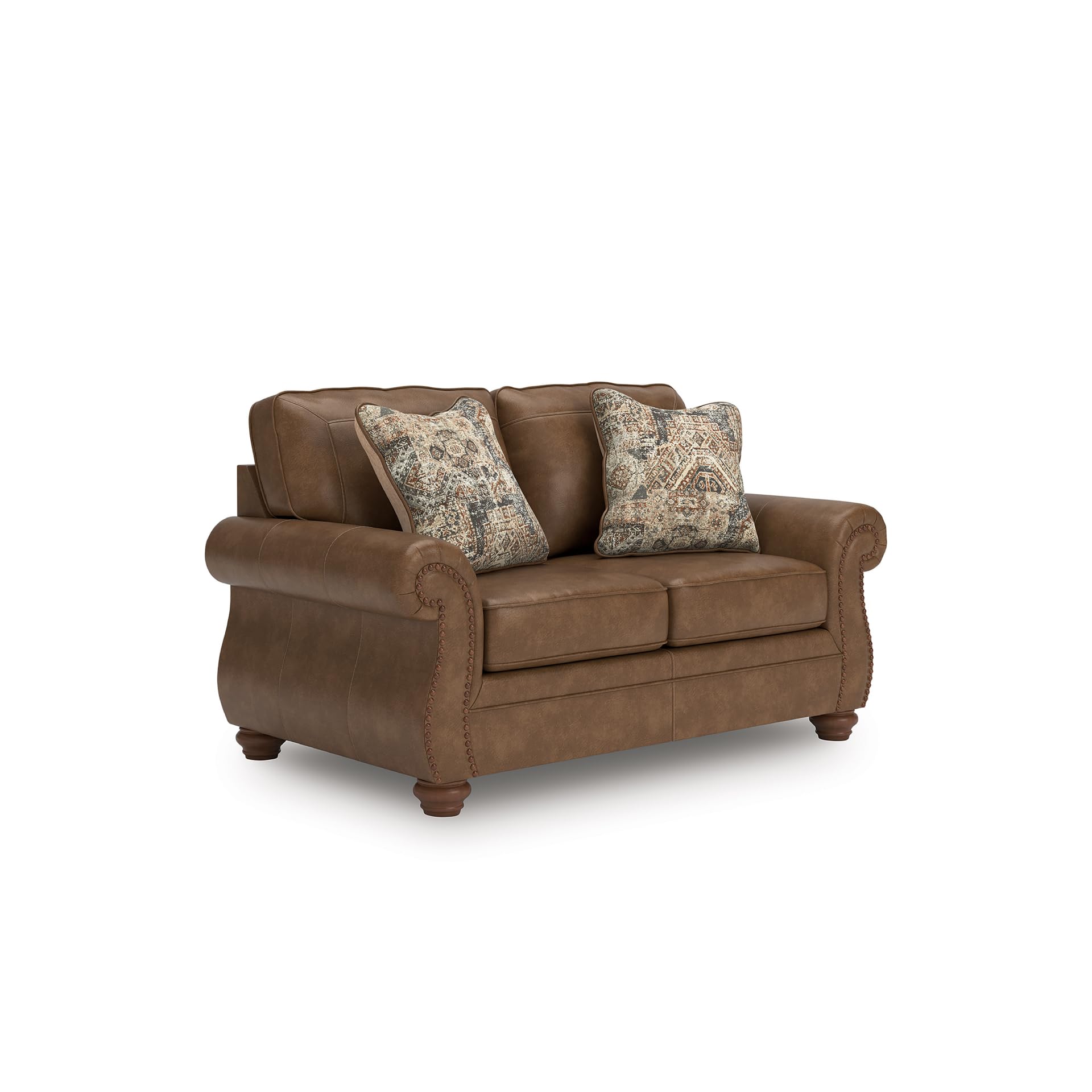 Signature Design by Ashley Shadsburne Rustic Faux Leather Loveseat with Nailhead Trim and 2 Throw Pillows, Brown