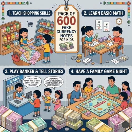 Image of (Pack of 600 Pieces) Fake Money for Kids | Indian Currency Notes Learning Set - Educational Play Money for Kids, Pretend Play Toy, Montessori Counting and Money Learning Kit | Artificial Notes