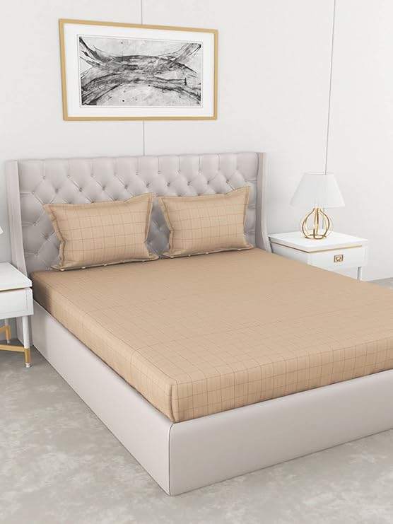 Bianca 144TC Soft 100% Natural Cotton XL King Fitted Bedsheet with Elastic Edges with 2 Pillow Covers -3Pc Set (Made to Fit) Checks-Beige