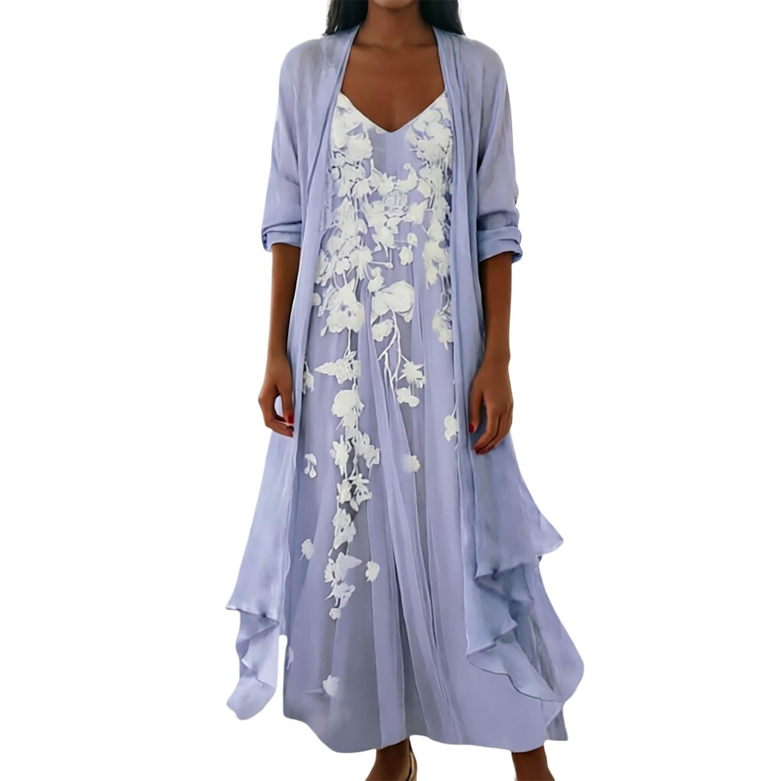 Vestido de dos piezas elegante estampado con falda fluida larga y top playero 5
