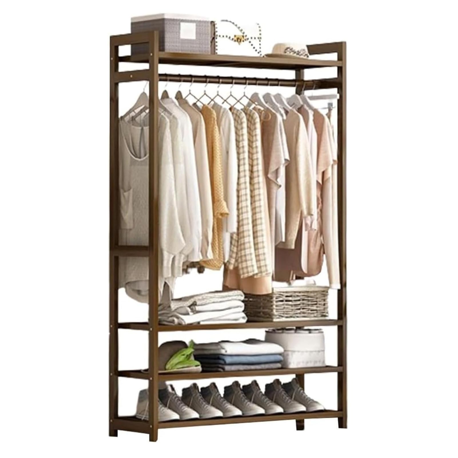 Pnpaea Multicolor Bamboo Clothes Rail, Garment Rack With Storage Shelves Back And Tidy Rail, Open Wardrobe Closet, Clothing Rack For Bedroom Hallway Entryway A(90Mm)