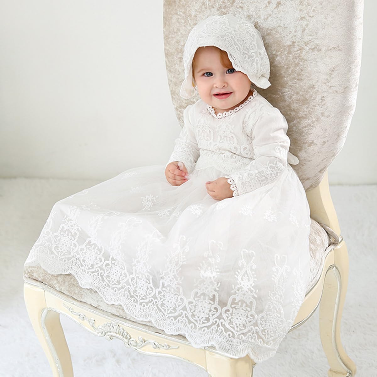 CAMDOM Baby Mädchen Spitze Taufkleid Langarm Prinzessin Taufe Party Kleid mit Hut