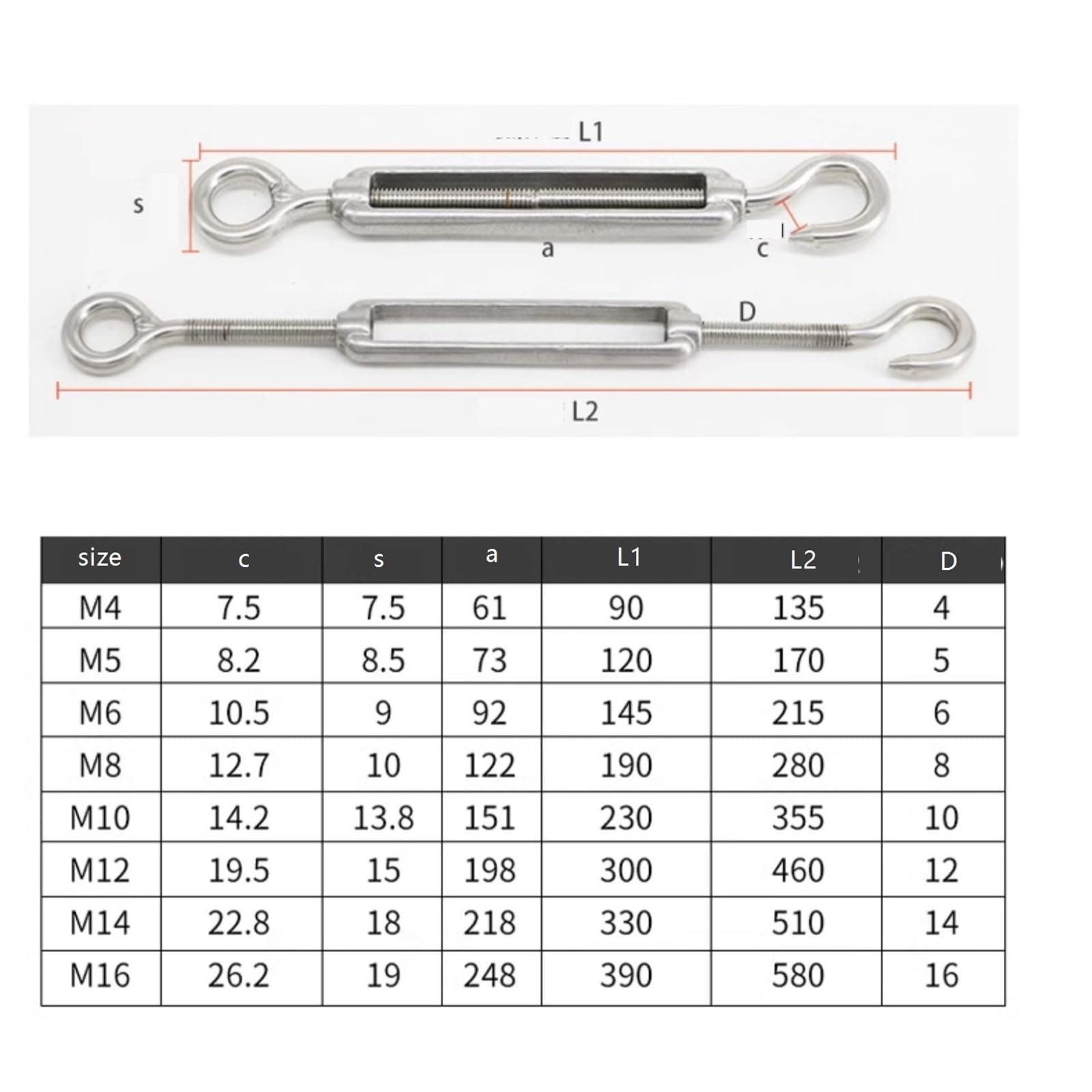 2 tensores de gancho M4-M27 de acero inoxidable 304 for tensores de cables, tensores for velas de sombra y tendederos.(M16)