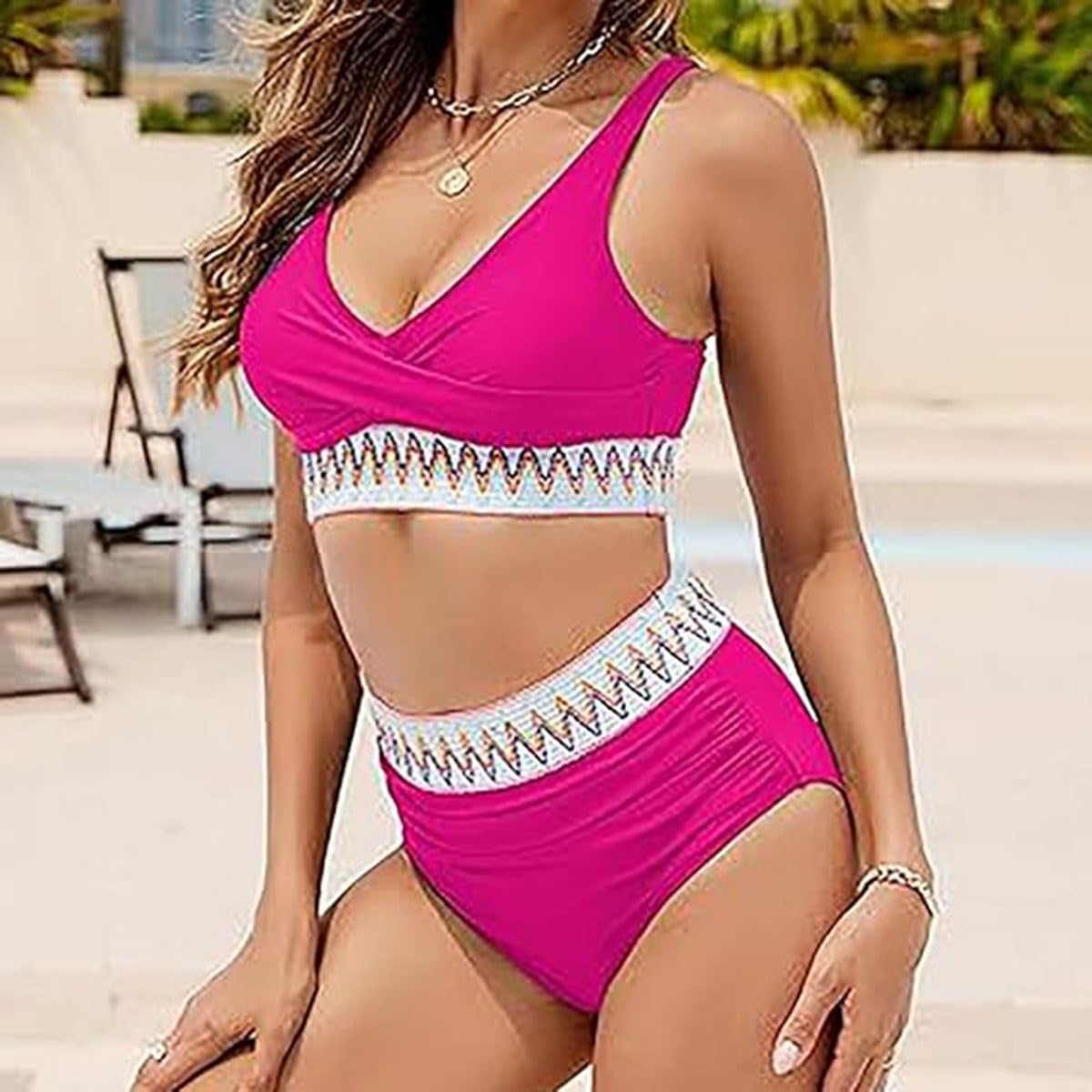 Conjunto De Bikini For Mujer, Traje De Baño Sexy De Dos Piezas con Cuello En V Y Cintura Alta, Traje De Baño con Control De Barriga, Traje De Baño Push Up, Bikini De Playa(Pink,XXL)