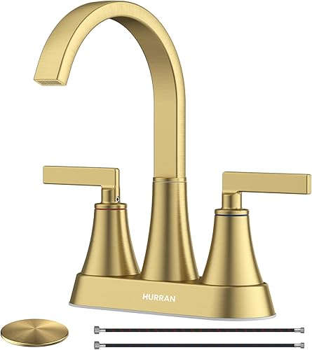 Hurran - Grifo para lavabo de baño, de níquel cepillado de 4 pulgadas, 3 agujeros con drenaje emergente y líneas de suministro, grifo giratorio de