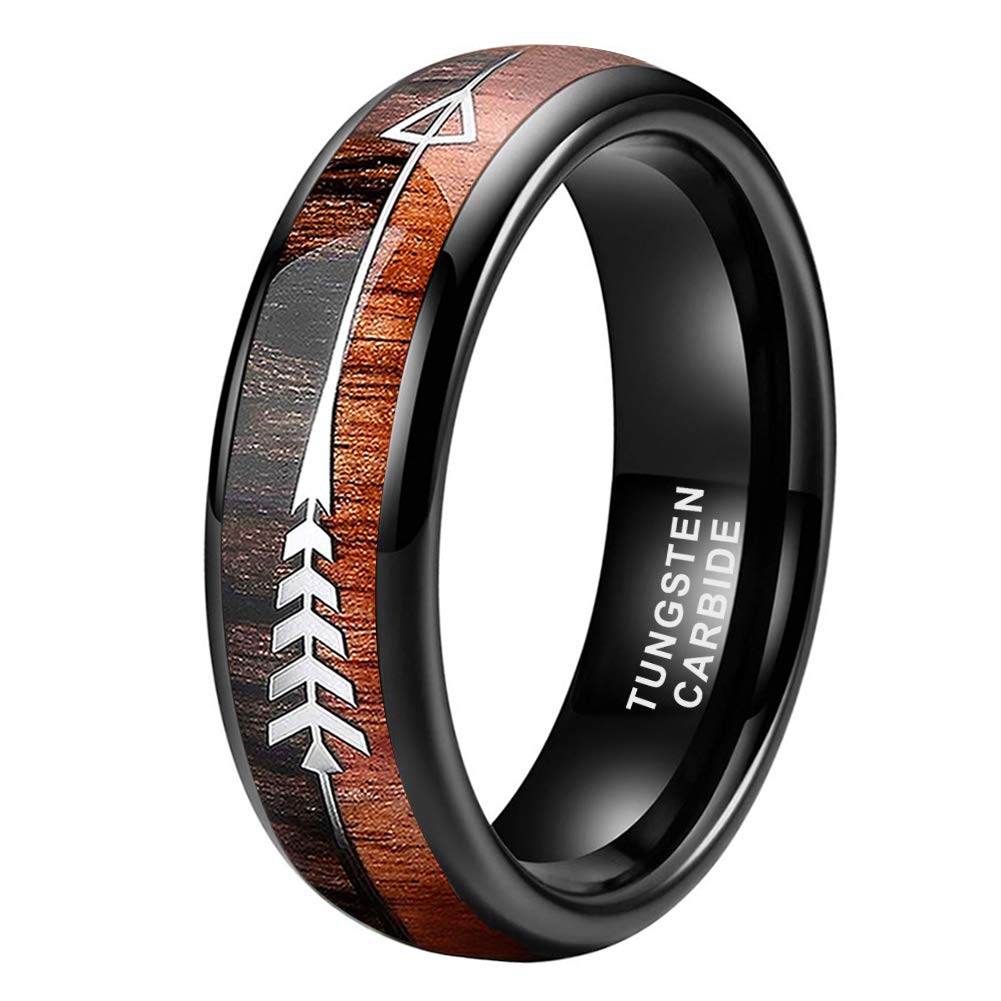 iTungsten 6mm Black Tungsten Rings for Men Women Wedding Bands Koa Wood Arrow Inlay Domed Polished Shiny Comfort Fit