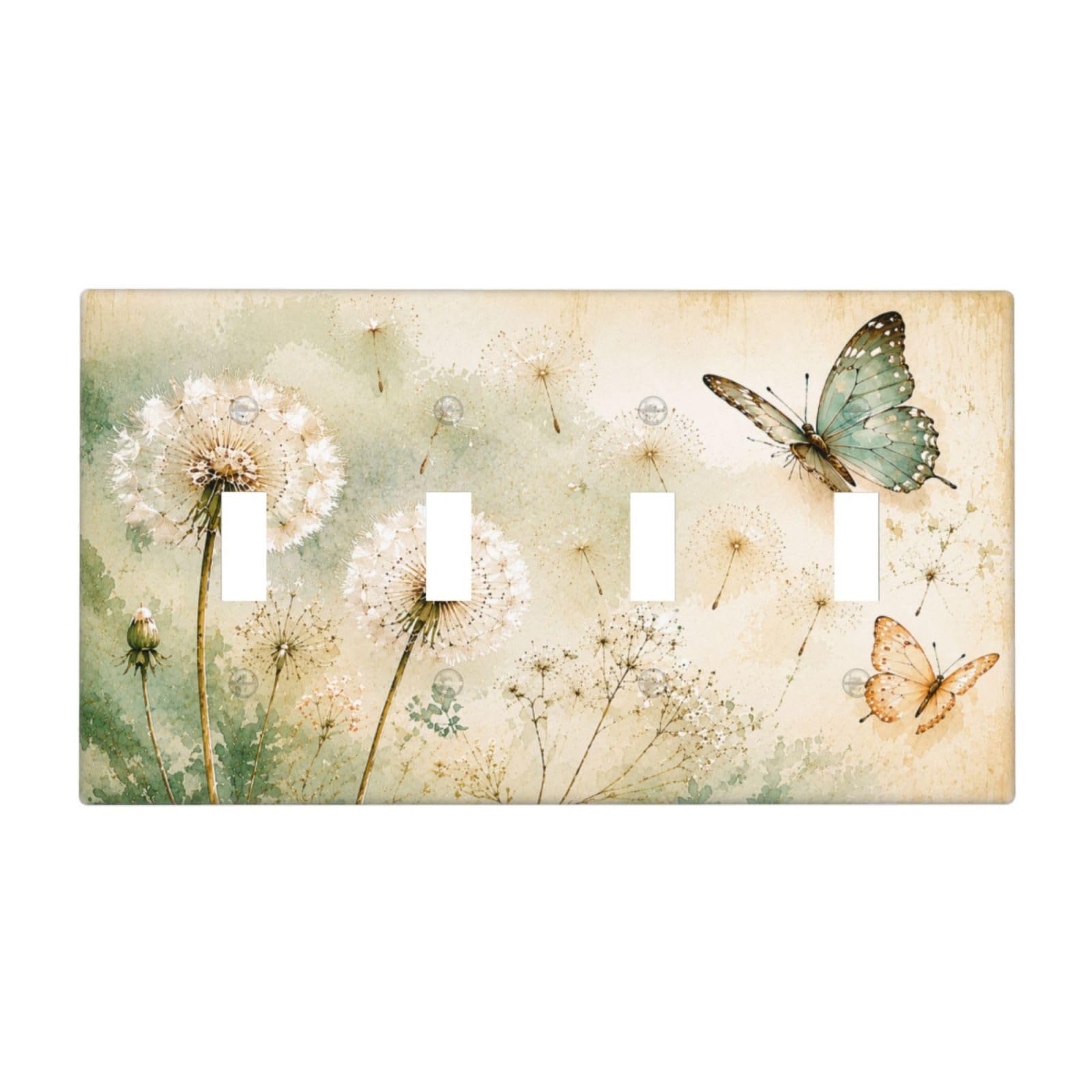 Xuejiaku Decorative Quad Toggle Wall Plate Watercolor Dandelion & Butterflies 4 Gang Light Switch Covers Rustic Green Floral 4 Hole Electrical Outlet Covers Faceplate for Farmhouse Home Decor