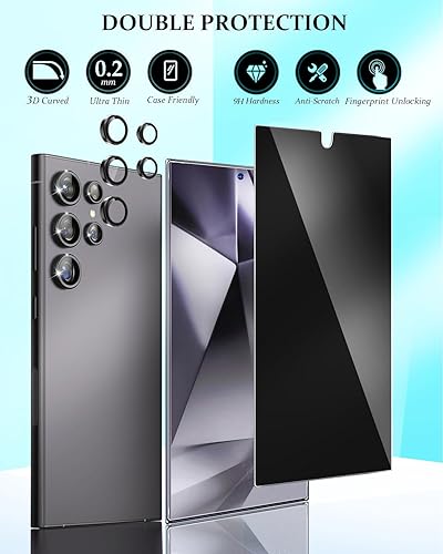 Miniatura 3 de Kanosan Protector de pantalla de privacidad compatible con Samsung Galaxy S24 Ultra, vidrio templado con textura de CD, protector de lente de cámara