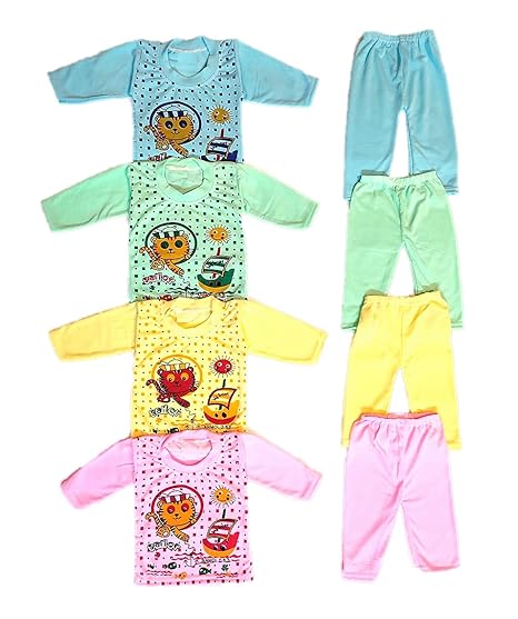 Baby Boys & Girls Dress Soft Cotton Blend Unisex T-shirts and Pyjama Pants Pack of 4 Full sleeves T-shirt + 4 Pyjama Pants Multi colored Size 0 Months up to 18 Months