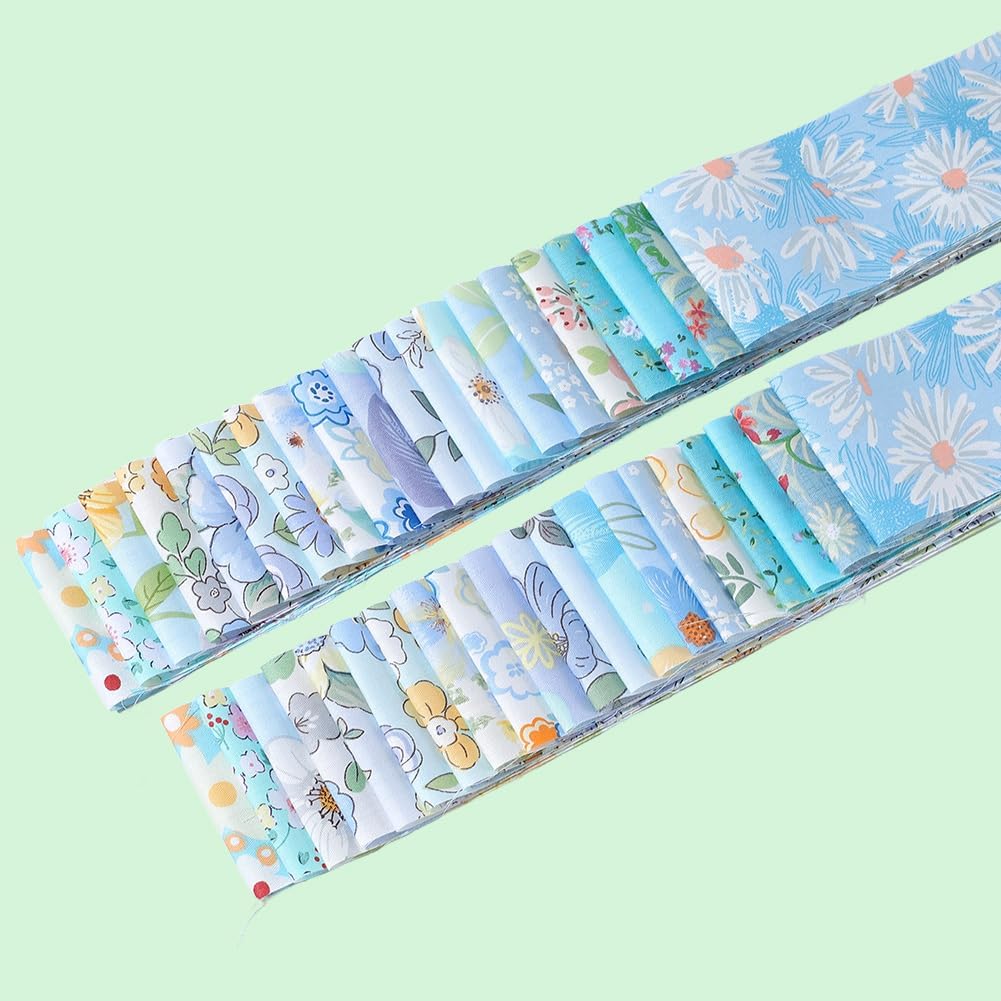 GORGECRAFT 40Pcs Cotton Quilting Strips 39 x 2.6 Inch Blue Floral Quilting Fabric Jelly Rolls Chinoiserie Spring Summer Precut Patchwork for Blanket Rug Upholstery Home Decor Purse Crafts Making