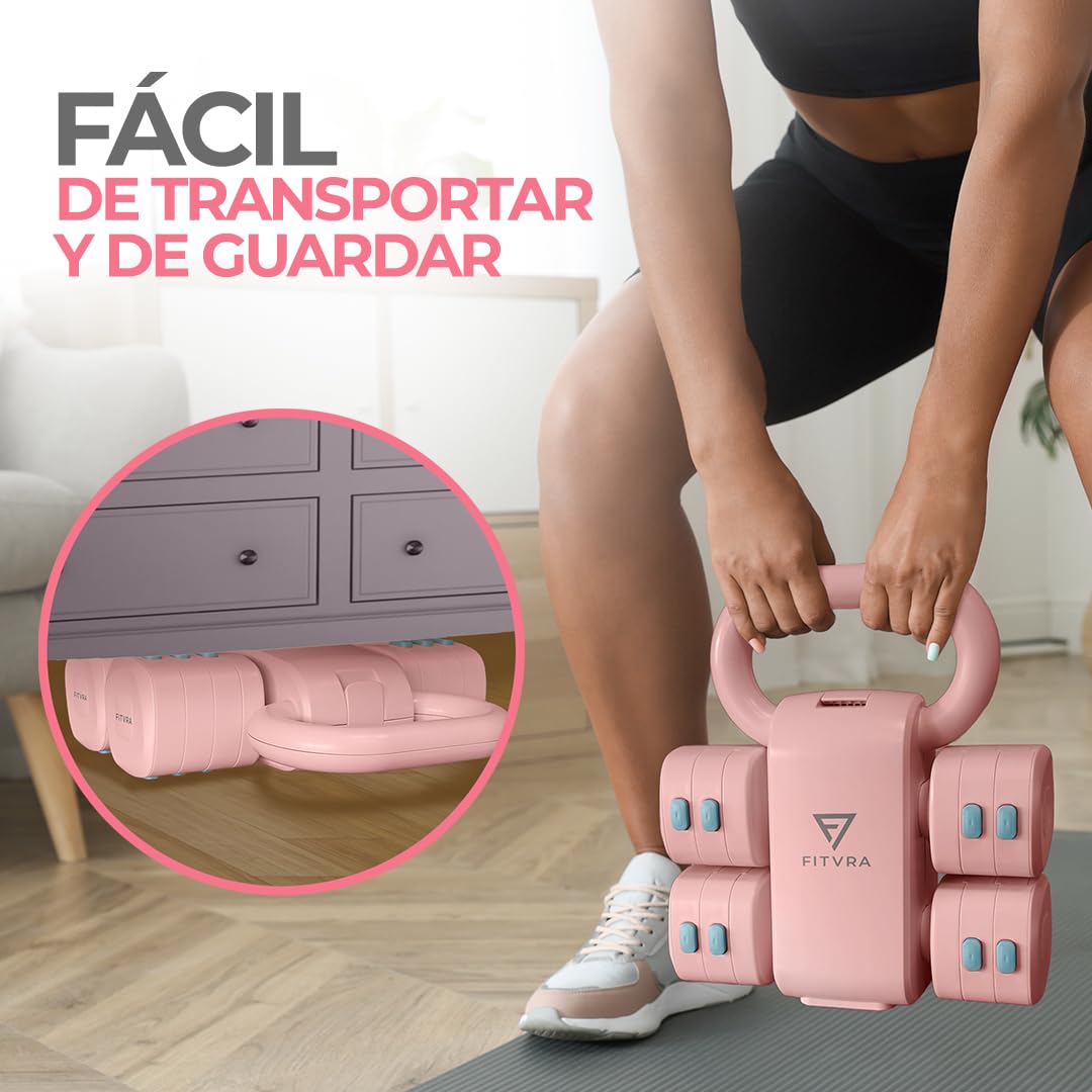 Pesas Ajustables 2 en 1 Mancuernas y Kettlebell | Pesas regulables para gimnasio en casa: mancuernas 1-3 kg, kettlebell 2,5-6,5 kg y 3 bandas elásticas