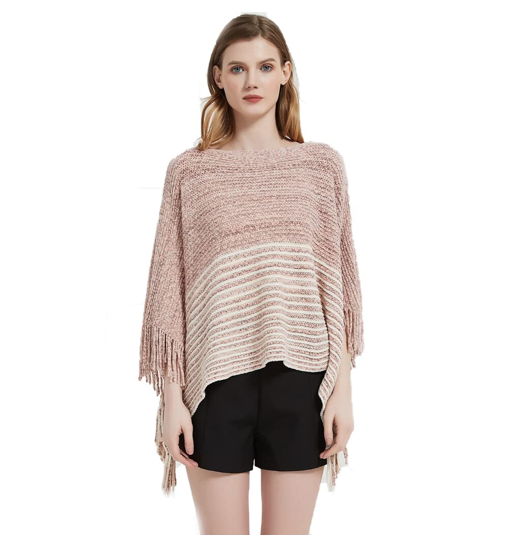 bold n elegant Women Winter Bicolor Stripe Fringe Tassel Hollow out Cloaks Poncho Wrap Shawl Sweater Cape Top for Girls & Women-picture-19