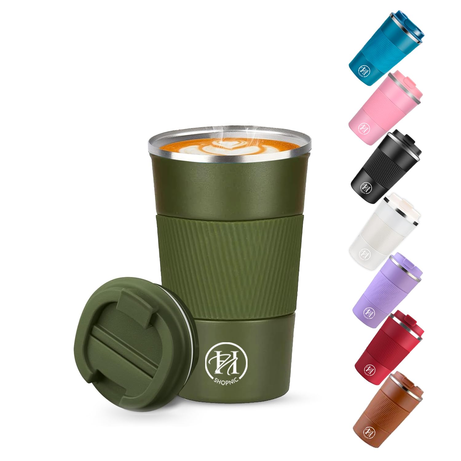 Shopnic Travel Mug Coffee Cup Double Wall Insulated Tumbler with Leak-proof Design and Flip Lid – Cup Holder Sized Easy Grip Reusable Tea Mug for Hot and Cold Beverages (380ml, Green)