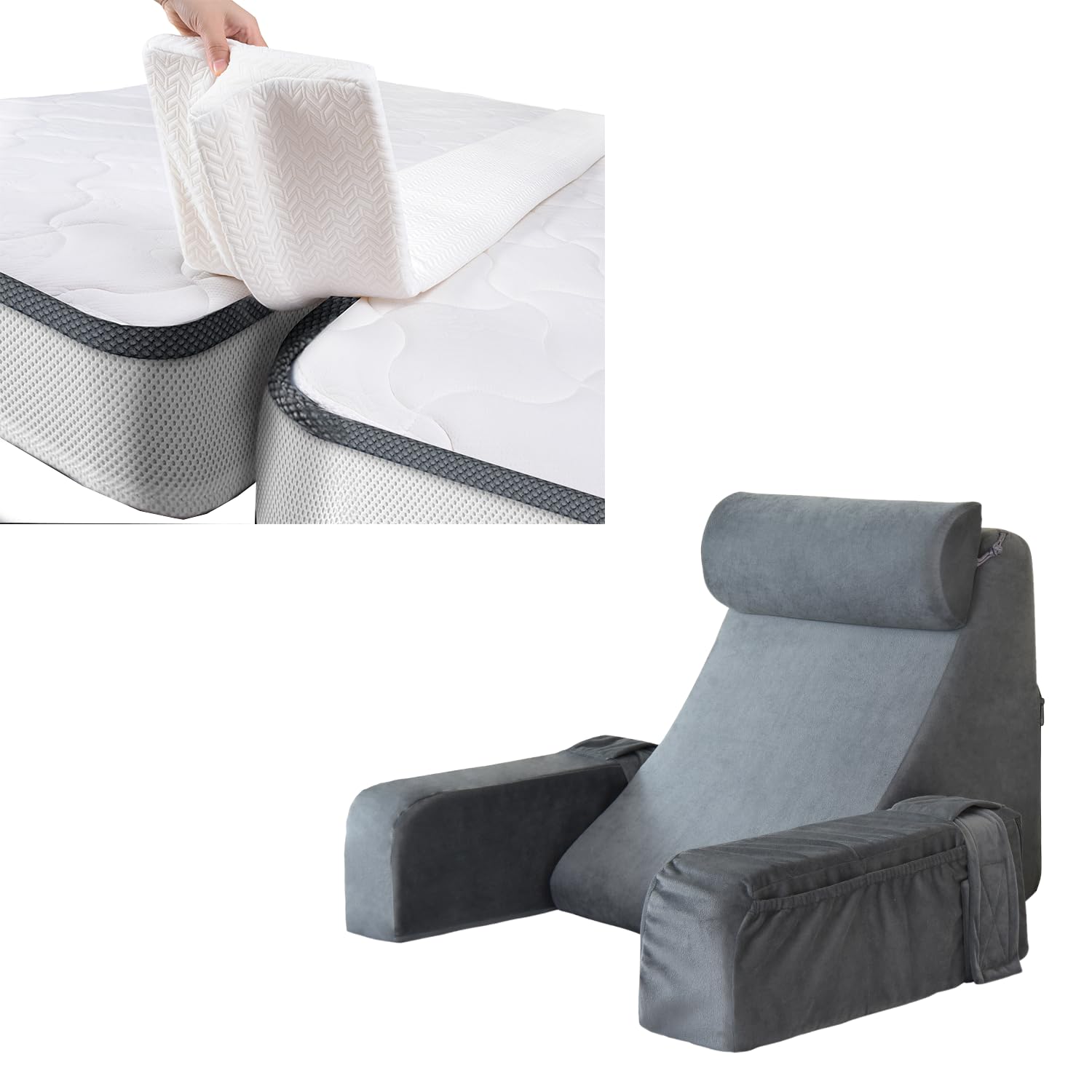 ENITYABed Bridge and Reading Pillow for Sitting in Bed Adult, Split King Gap Filler for Adjustable Bed Size 75“x10”, Back Pillow Size 19", 2 Item Bundle