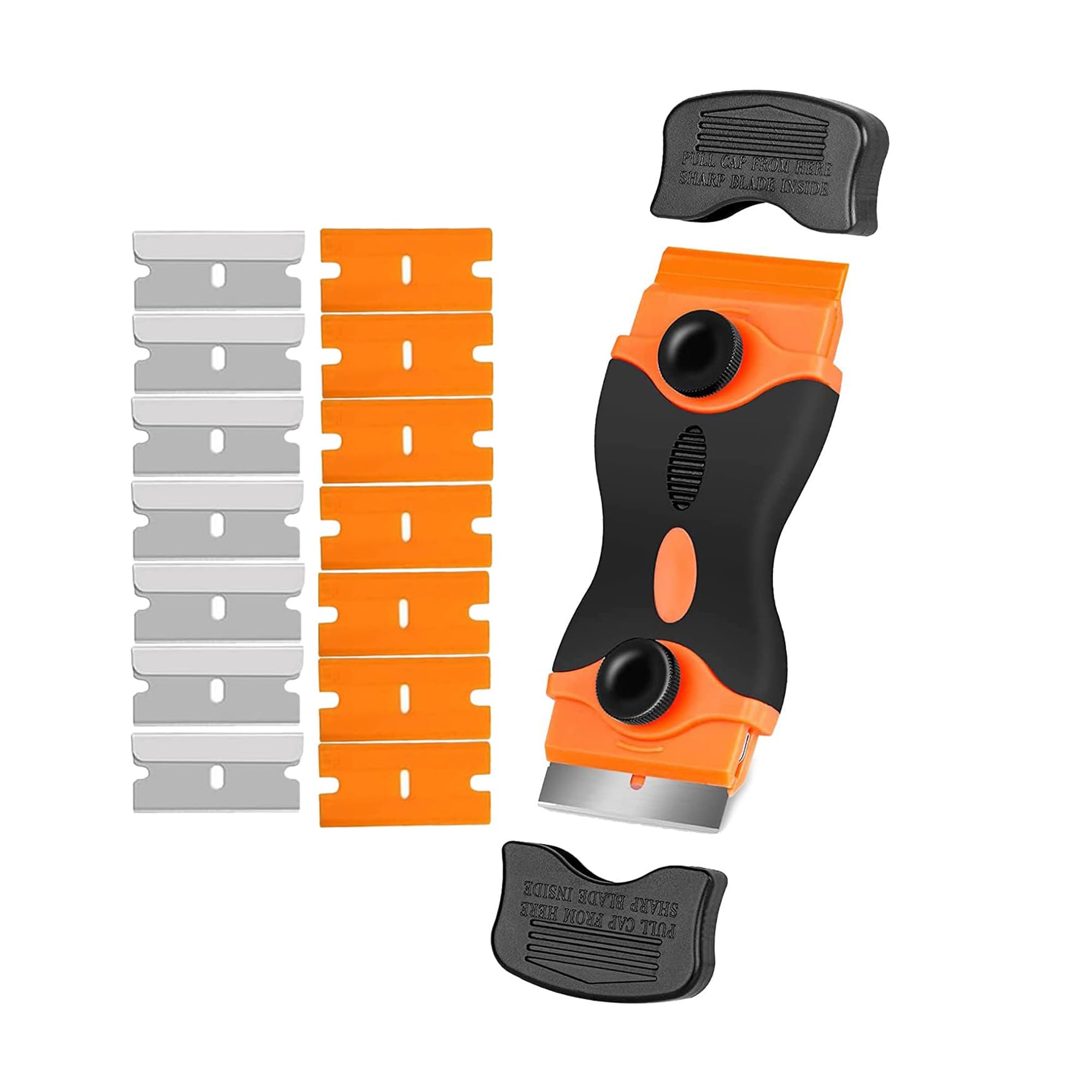 Sulfar Glue Remover Cleaning Scraper Tool Double Edged Multipurpose Removing Paint, Labels, Sticker, 7 Piece Plastic Blades and 7 Piece Metal Blades