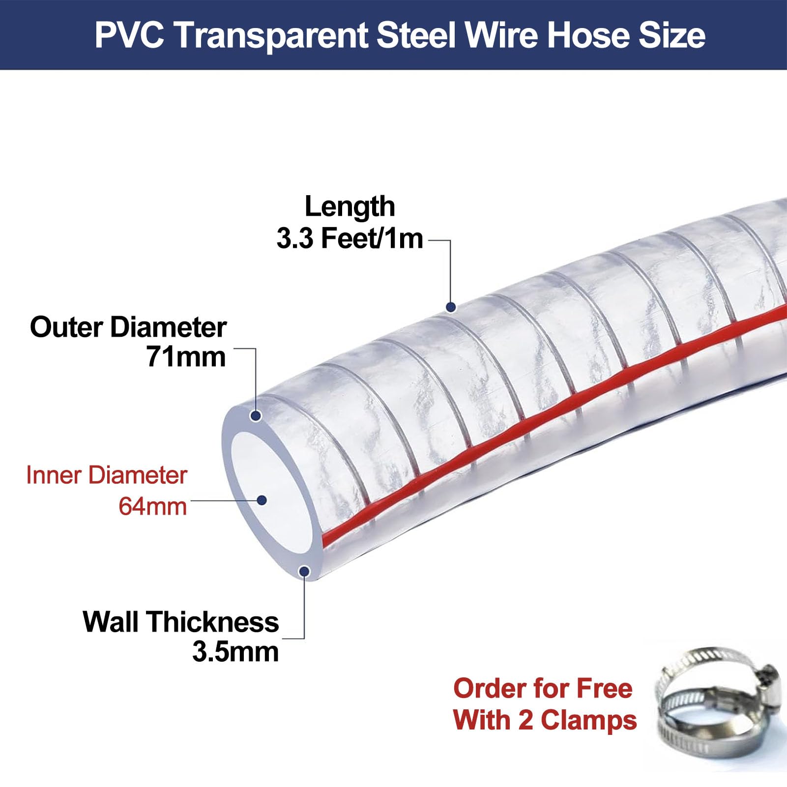 Tubo Flessibile in PVC, Diametro Interno 64 Mm, Tubo Flessibile in PVC Extra Spesso, Spirale in Filo di Acciaio, Lunghezza 1 M, per Sistemi Idraulici di Pompe per Olio,Wall Thickness 3.5mm