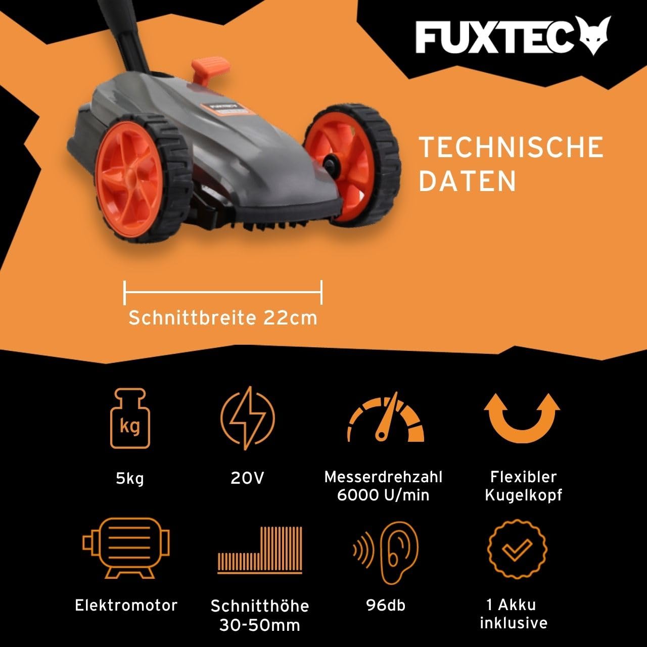 FUXTEC Akku Einhand-Rasenmäher FX-E1RMEH20-SET, kompakter Gartenmäher mit 220mm Schnittbreite, 20V Akku und Ladegerät, 300W, 3-fache Schnitthöheneinstellung 30–50mm, Flexible Kugelkopfsteuerung