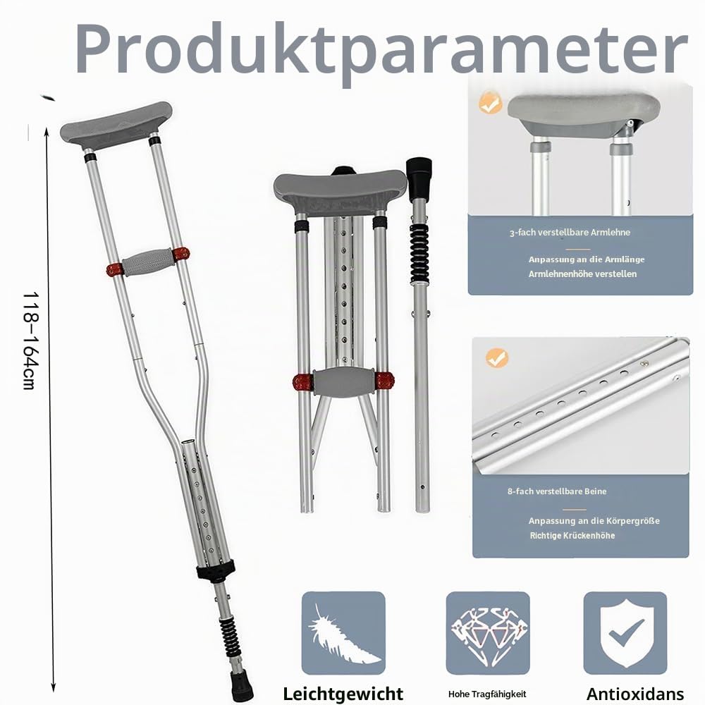 Krücken,Achselkrücken,Achselkrücken Höhenverstellbar,1 Paar(2pcs),Höhenverstellbar,Mit Weichen Unterarm-und Handauflagen,stoßdämpfend,Zusammenklappbar,für Behinderte nach Beinverletzungen Operationen