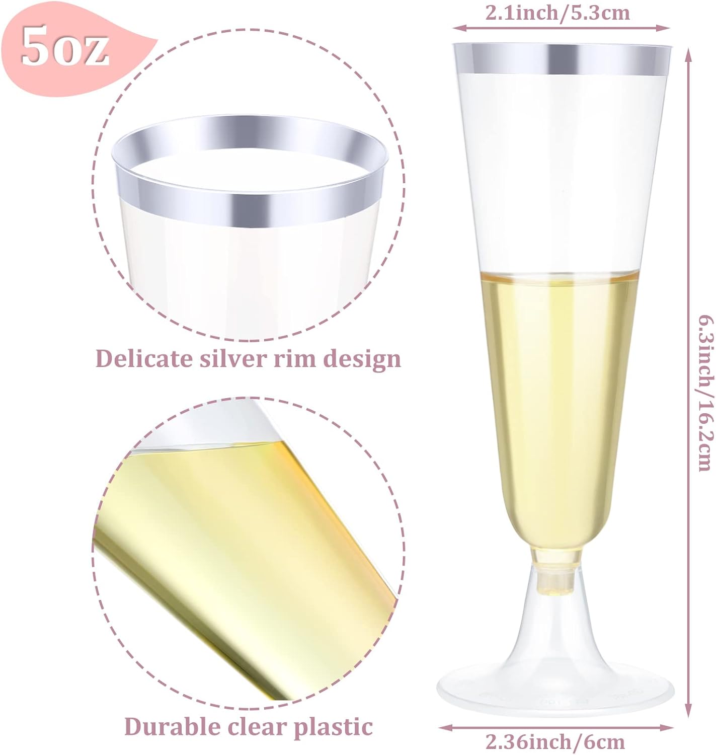 CHENGU 200 Pack Disposable Champagne Flutes, 5 oz Plastic Champagne Glasses Toasting Wine Flutes Cocktail Cups for Parties, Wedding, New Year's Eve for Celebration(Silver) - Image 3