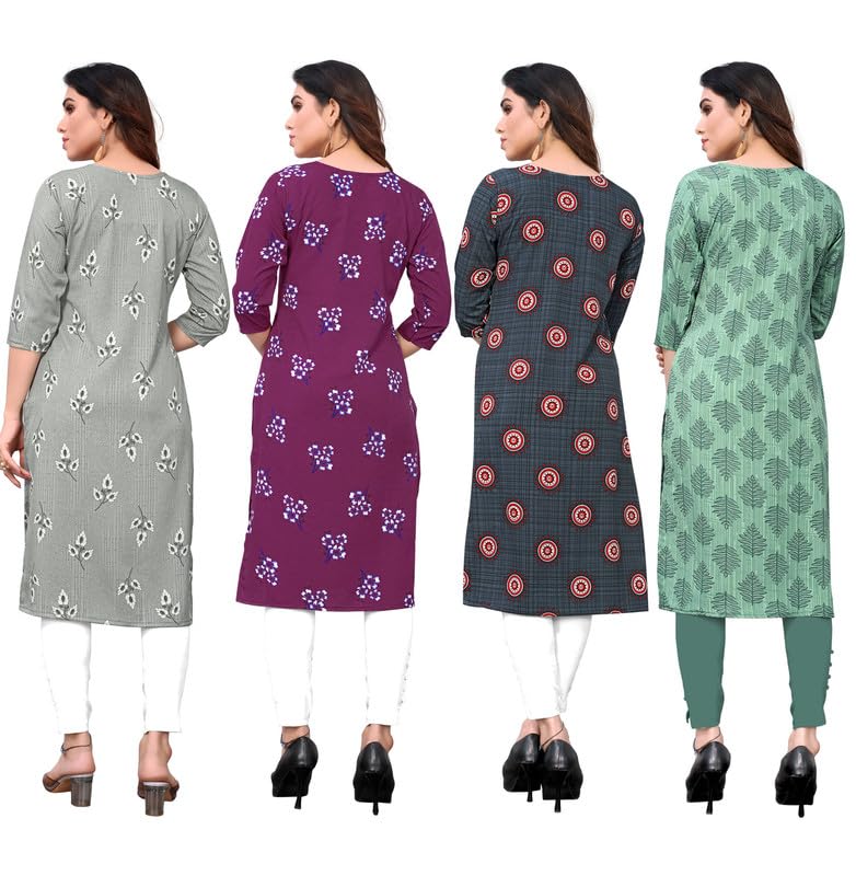 Image of JAKHANA Women's Crepe Printed Casual Straight Calf Length Round Nick Kurta Pack of 4