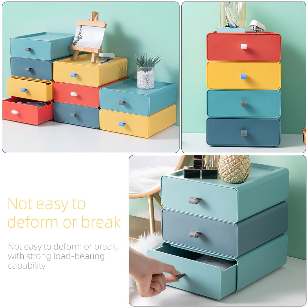 Cajones de Almacenamiento Apilables 4 Piezas, Cajas de Escritorio Multicolor (amarillo, Verde, Azul, Naranja), Organizador de Oficina y Hogar, Estuche Cajón para Documentos