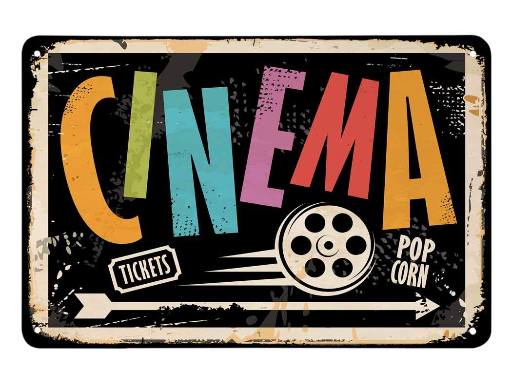 AOYEGO Cinema Tin Sign,Film Tickets Arrow Entertainment Movie Vintage Metal Tin Signs for Cafes Bars Pubs Shop Wall Decorative Funny Retro Signs for Men Women 8x12 Inch