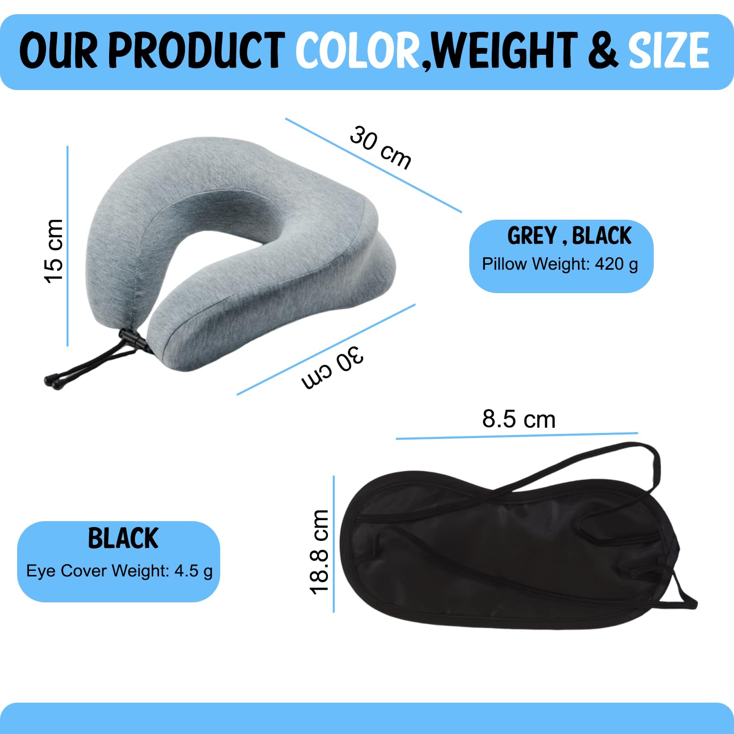 Azmaish Face Down Pillow with Eye Mask, Adjustable Stomach Sleeping Pillow, Soft Neck Pillow Airplane, Memory Foam Travel Pillow, Black Medical Pillow for Bed, Car, Flight, Office (Grey)
