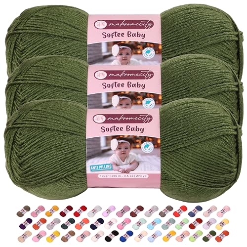 Image of Makromecity Softee Baby Yarn,%100 Premium Anti-Pilling Acrylic, 3.5 Oz, 273 yd (100gr /250 mt), Soft Yarn for Crocheting and Knitting (Dark Green, 3 Skeins)