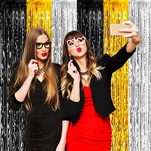 Image of 4 Pack Black Gold Silver Foil Fringe Curtain Backdrop, 3.28Ft x 8.2Ft Metallic Tinsel Foil Fringe Streamers for Photo Booth, Wedding, Notorious One Birthday Roaring 20s Graduation Party Decoration