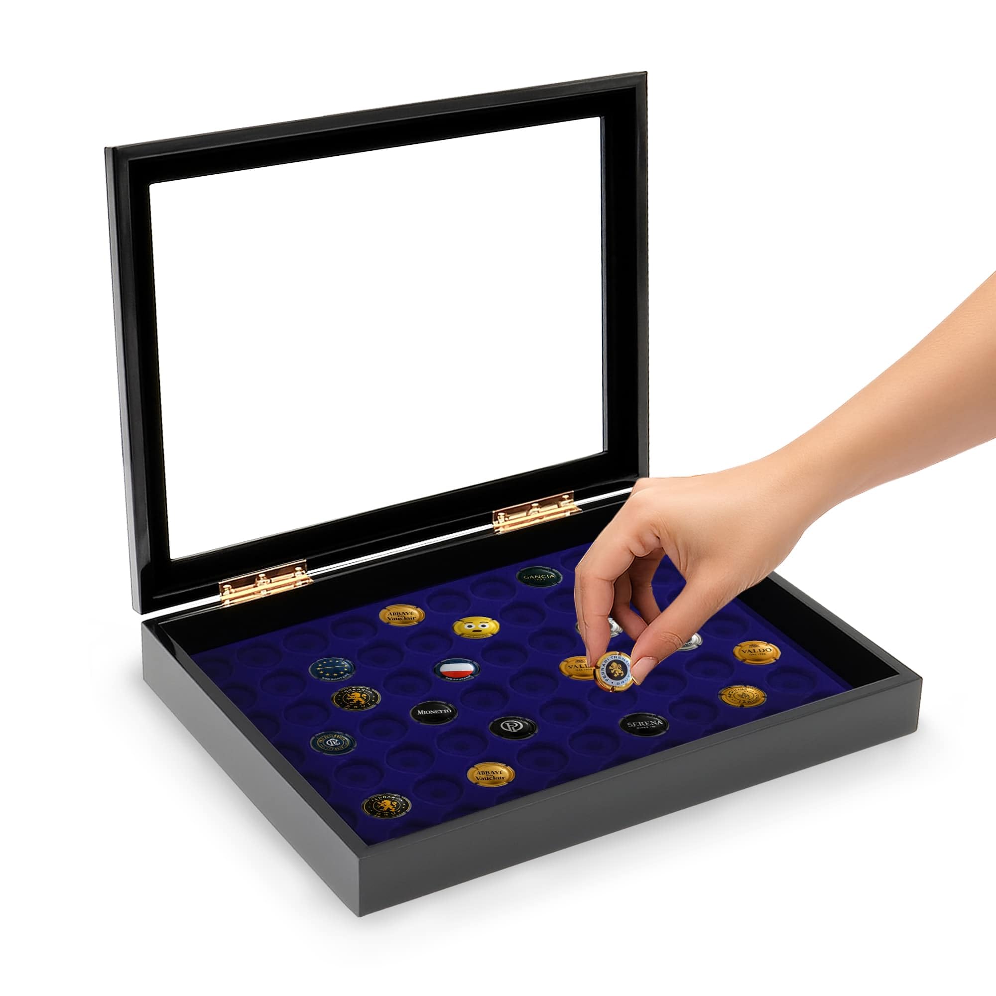 SAFE Vitrine für 60 Champagnerkapseln – Holz schwarz lackiert, Echtglasdeckel, Magnetverschluss, Samteinlage I 5925