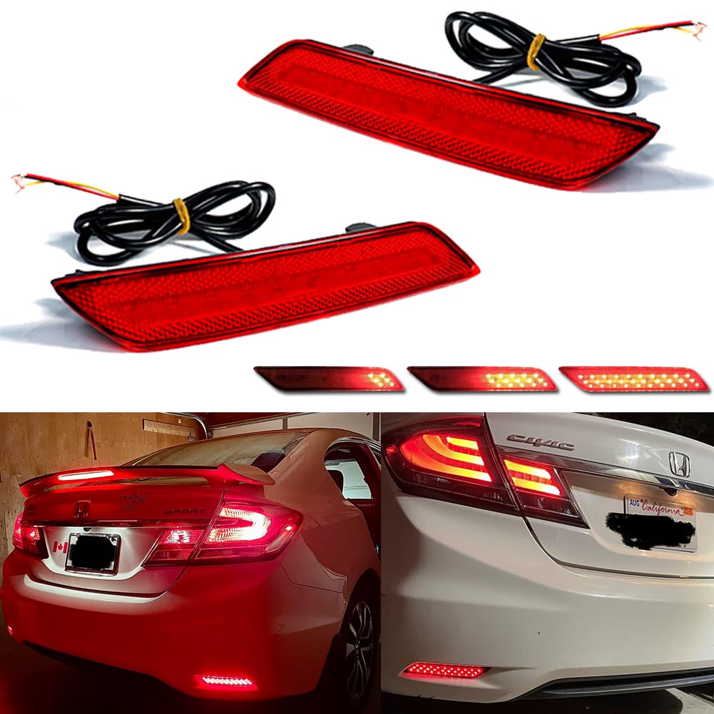 GTINTHEBOX Red Lens Led Rear Bumper Reflector Brake Tail Light Sequential Turn Signal Lamps Strobe Brake Lighting Compatible with 2013 2014 2015 Honda Civic Sedan