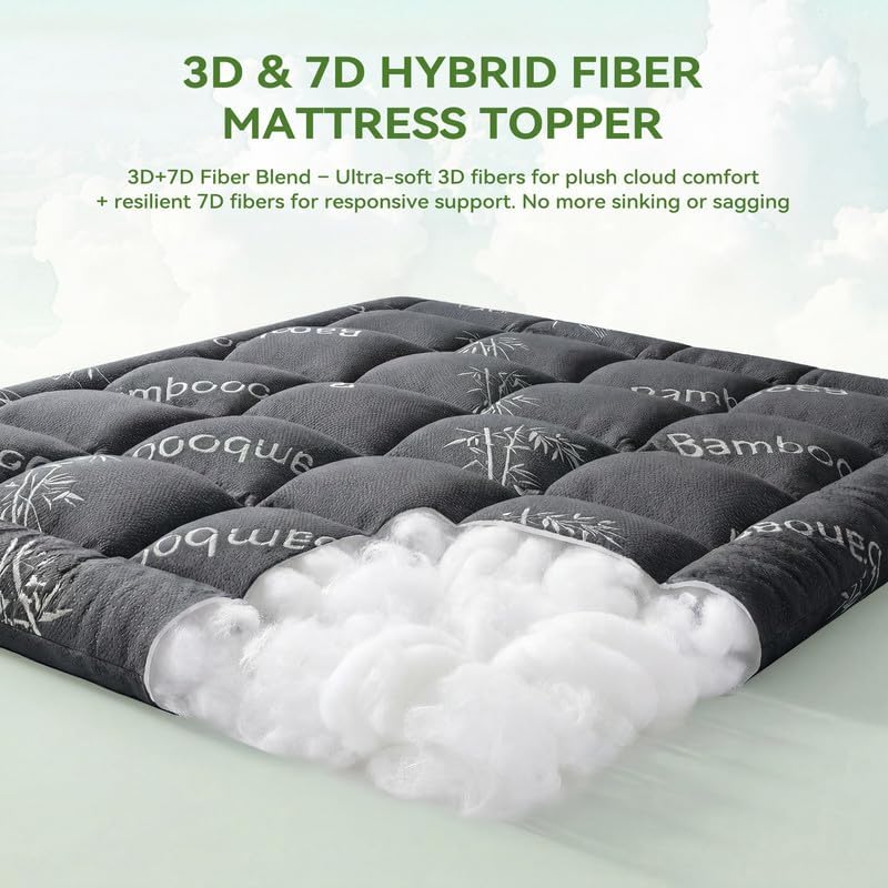 BDEUS Waterproof King Mattress Topper Viscose Derived from Bamboo, Pillow Top Mattress Pad for Back Pain Relief, Naturally Cooling for Hot Sleepers, Grey